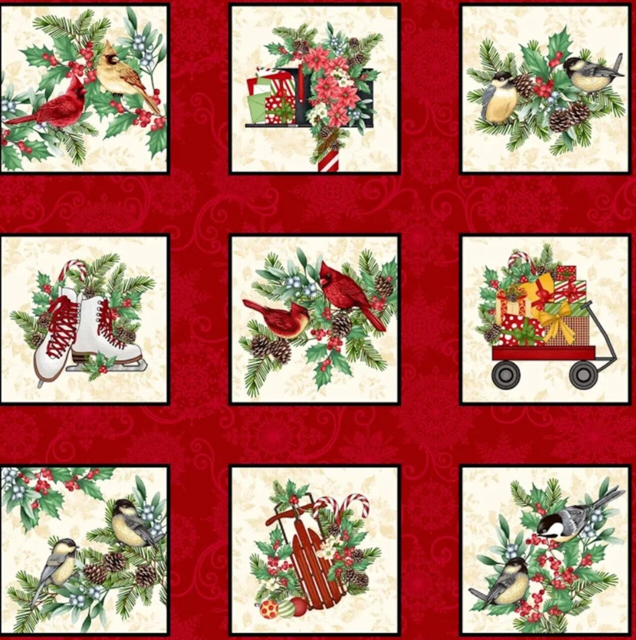 Christmas Blooms of the Holiday Nature Blocks 100% Cotton Fabric Price per Panel